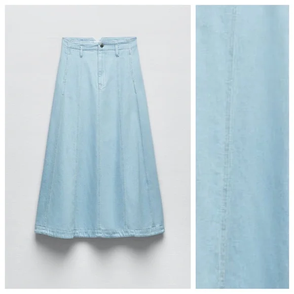 NWT. Zara Light Blue Z1975 Denim High Waist Midi Skirt. Size XS. - Picture 6 of 11